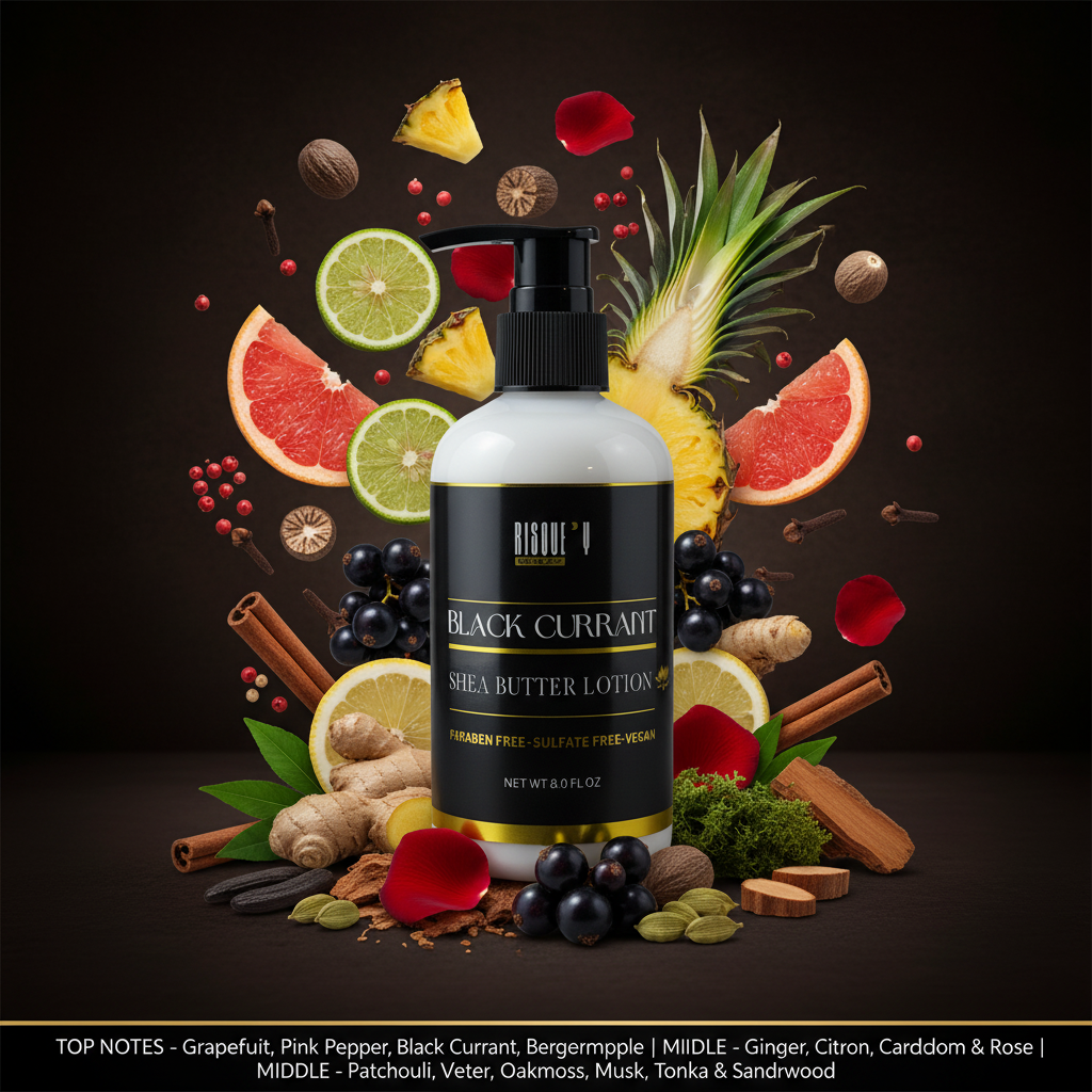 Black Currant Shea Butter Lotion - Product Photo with Notes